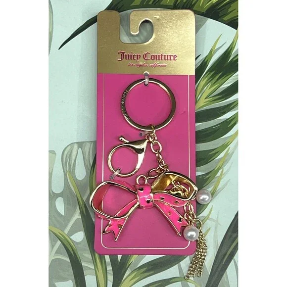 RARE Juicy Couture BOW Keychain Bag Charm Hot Pink Enameled Heart Pearl BLING